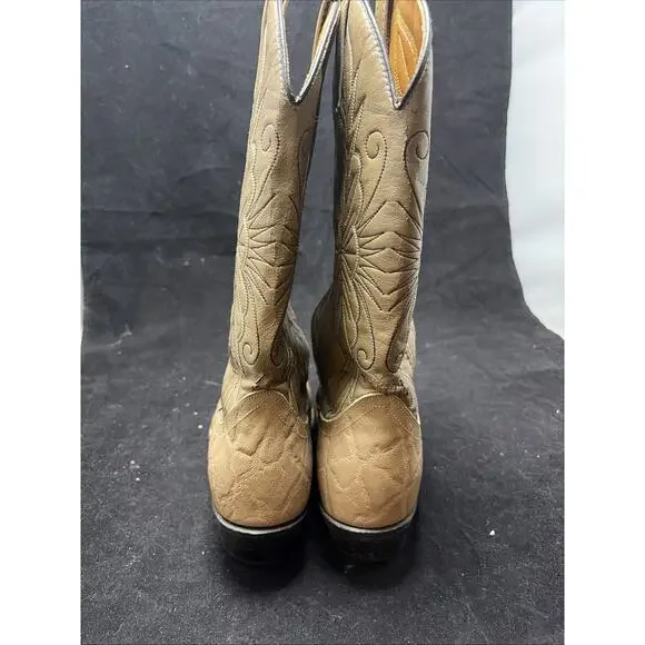 Vintage Boots Mens 9 D Western Cowboy Tan Faux Leather Pull On Mid-Calf Block - Picture 4 of 8